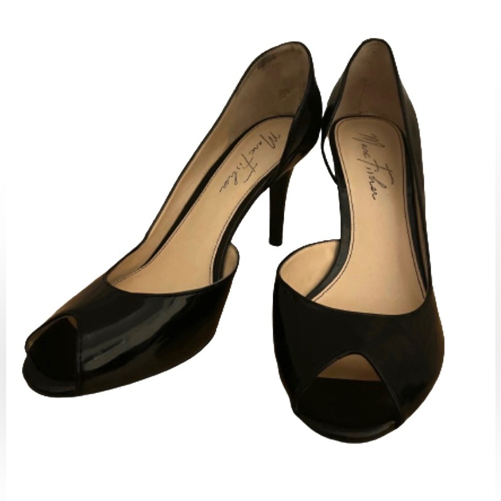 Mark Fisher Black Faux Patent Leather Peep-Toe Heels Size 8M